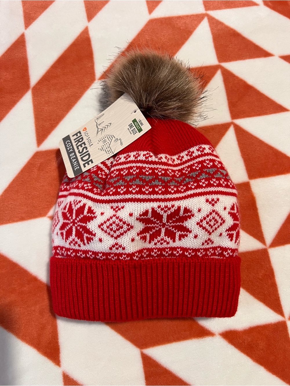 Fireside Cozy Red & White Snowflake Pom Beanie